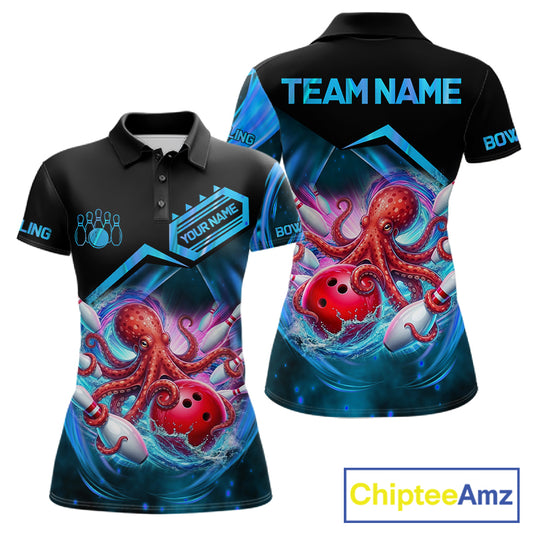 Personalized blue glowing octopus bowling team jersey polo shirt for women featuring a glowing octopus design, premium custom bowling league team apparel for tournaments and team play.
