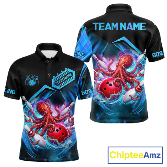Personalized blue glowing octopus bowling team jersey polo shirt for men featuring a glowing octopus design, premium custom bowling league team apparel for tournaments and team play.