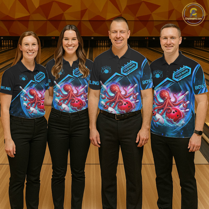 Bowling team wearing matching personalized blue glowing octopus bowling team jerseys, front view.