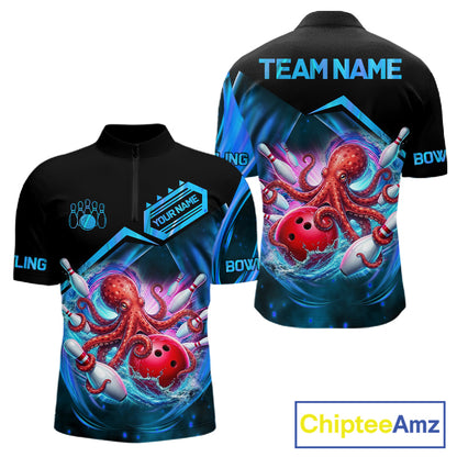 Personalized blue glowing octopus bowling team jersey quarter zip shirt for men featuring vibrant glowing octopus artwork, premium custom bowling apparel.