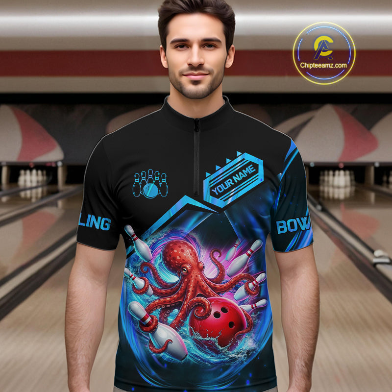 Man wearing personalized blue glowing octopus bowling team jersey quarter zip shirt featuring glowing octopus artwork, front view.