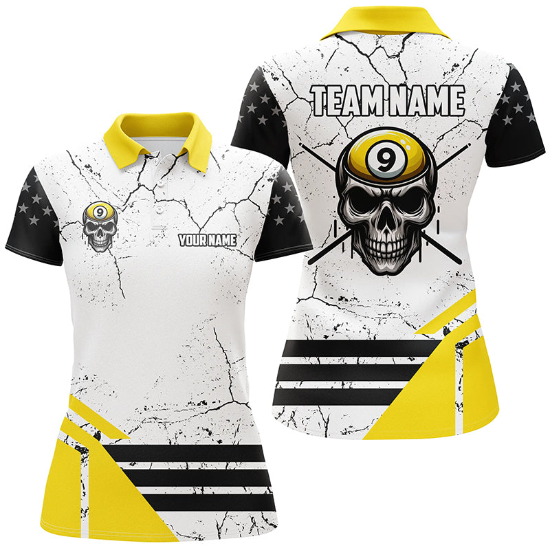 Funny Skull 9 Ball Grunge Crack Custom Billiard Shirts For Women, 9 Ball Team Shirts Pool Jerseys TDM2451