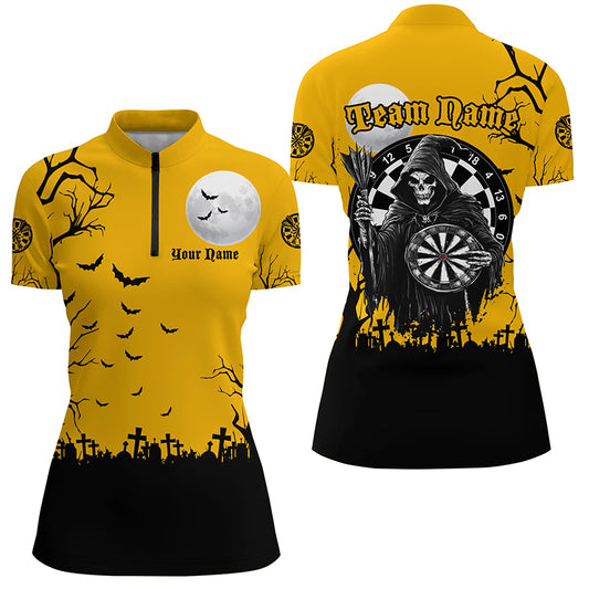 Personalized Halloween Darts Shirts For Women, Funny Grim Reaper Orange Black Darts Jerseys TDM2453