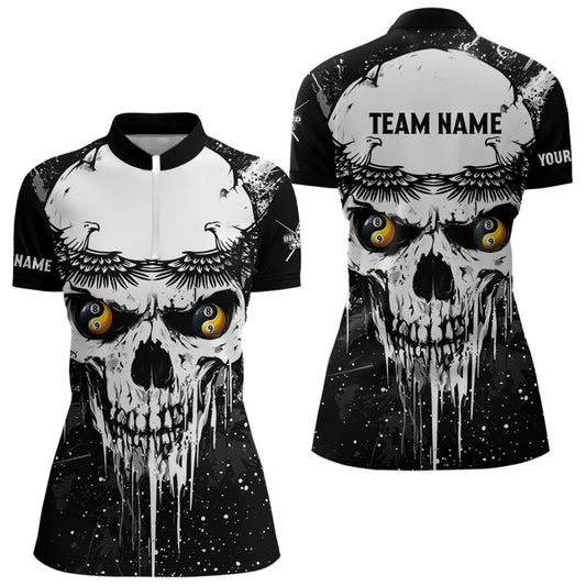 Personalized Black White Grunge Skull Ying And Yang Eyes Women Billiard Shirts, Funny Billiard Jersey TDM3166