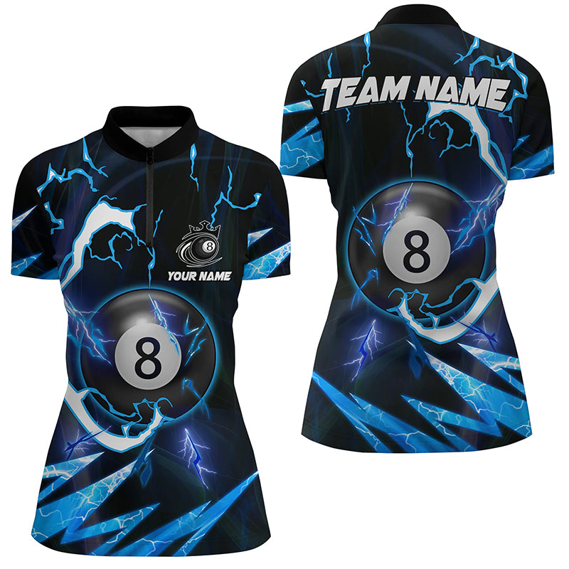 Customized Blue 8 Ball Pool Thunder Lighting Women Quarter-Zip Shirt, 8 Ball Billiard Shirts TDM1055