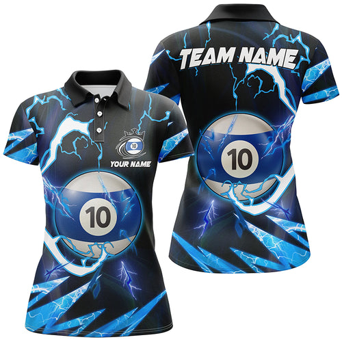 Personalized Blue 10 Ball Pool Thunder Lighting Polo Shirts For Women Custom Billiard Team Shirts TDM1056