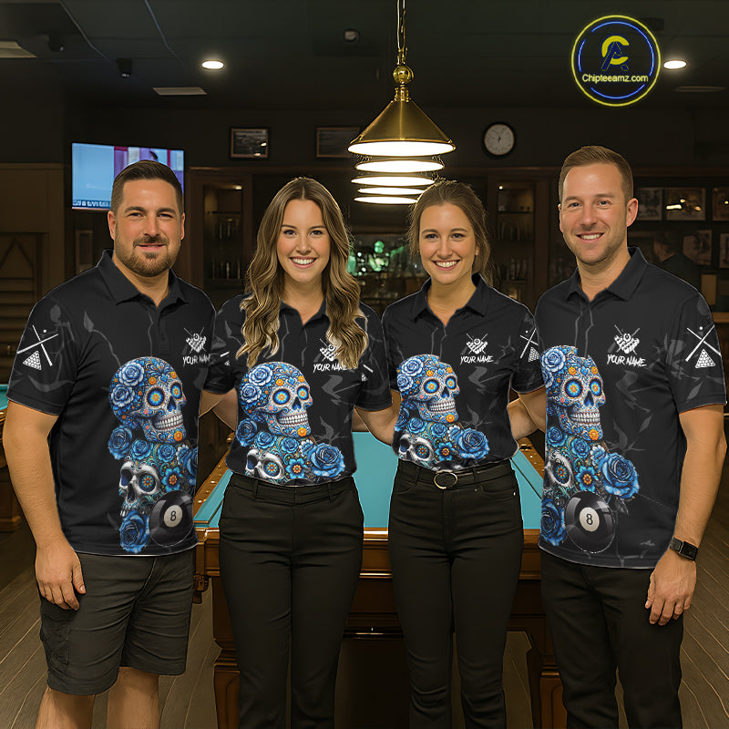 Personalized Blue 8 Ball Sugar Skull Billiard Shirt For Women, Pool Team Jersey Polo & 1/4 Zip TDM6261