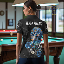 Load image into Gallery viewer, Personalized Blue 8 Ball Sugar Skull Billiard Shirt For Women, Pool Team Jersey Polo &amp; 1/4 Zip TDM6261
