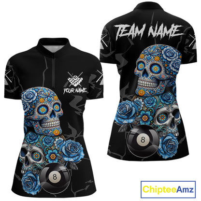 Personalized Blue 8 Ball Sugar Skull Billiard Shirt For Women, Pool Team Jersey Polo & 1/4 Zip TDM6261