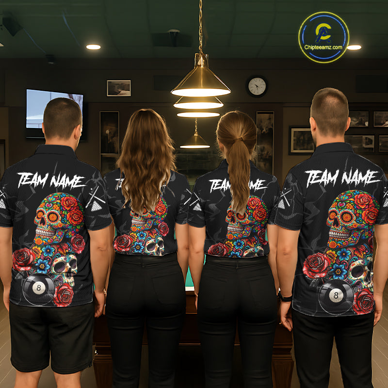 Custom Colorful Sugar Skull Billiard Shirt For Men, 8 Ball Pool Team Jersey Polo & 1/4 Zip TDM6262