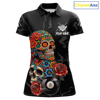 Custom Colorful Sugar Skull Billiard Shirt For Women, 8 Ball Pool Team Jersey Polo & 1/4 Zip TDM6262