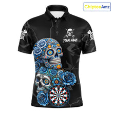 Load image into Gallery viewer, Personalized Blue Sugar Skull Darts Shirt For Men Custom Darts Jersey Team Polo &amp; Quarter Zip TDM6263