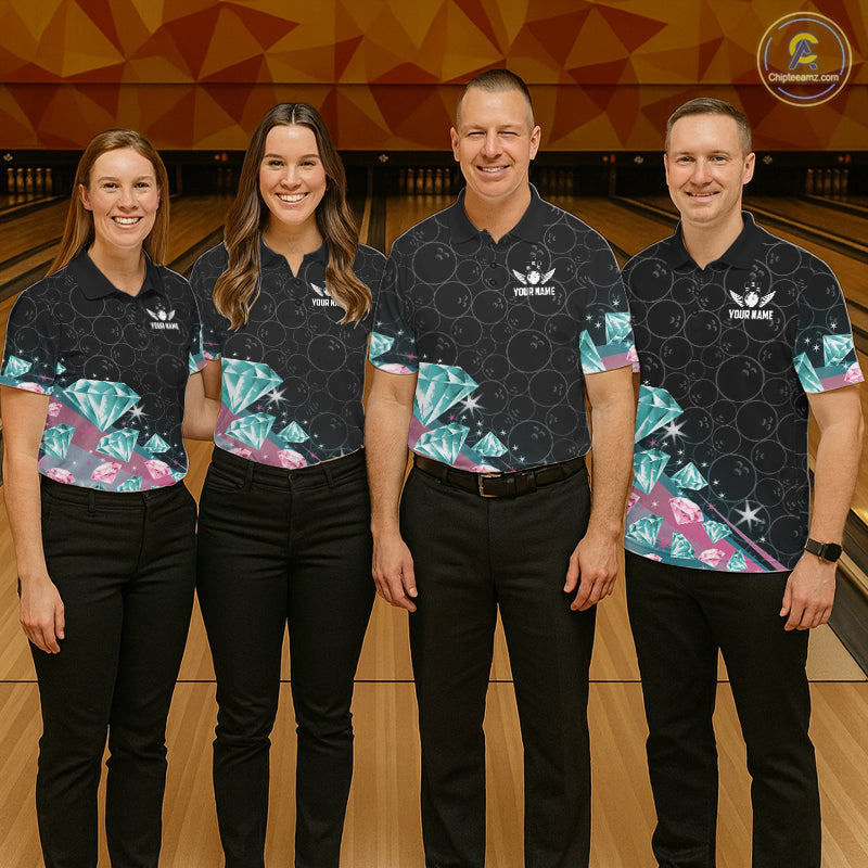 Custom Pink Turquoise Diamonds Bowling Shirt For Women, Glowing Bowling Team Jersey Polo & 1/4 Zip TDM6270