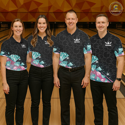 Custom Pink Turquoise Diamonds Bowling Shirt For Women, Glowing Bowling Team Jersey Polo & 1/4 Zip TDM6270