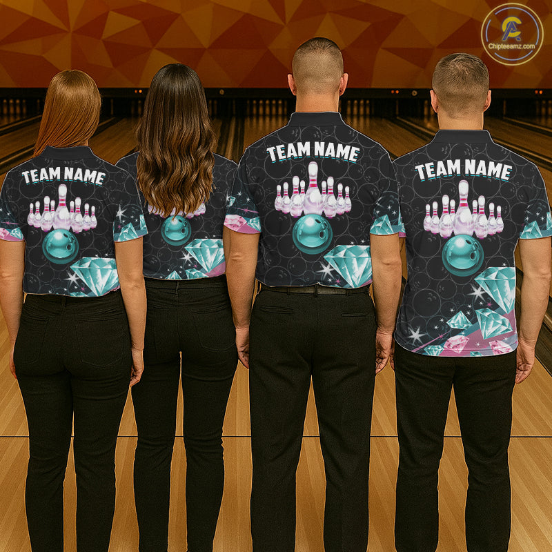 Custom Pink Turquoise Diamonds Bowling Shirt For Women, Glowing Bowling Team Jersey Polo & 1/4 Zip TDM6270