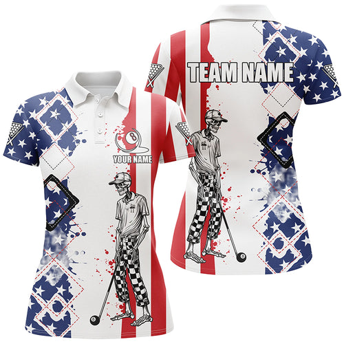 Personalized Argyle US Flag Funny Skeleton Women Billiard Shirts, Patriotic Billiard Team Jerseys TDM1759