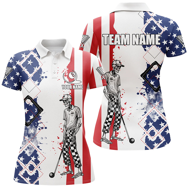 Personalized Argyle US Flag Funny Skeleton Women Billiard Shirts, Patriotic Billiard Team Jerseys TDM1759
