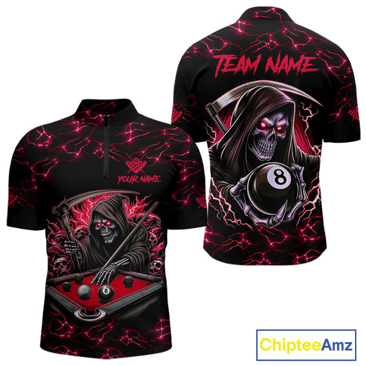 Red Funny Grim Reaper 8 Ball Pool Men Billiard Shirts Custom Name Lightning Billiard Jerseys TDM2159