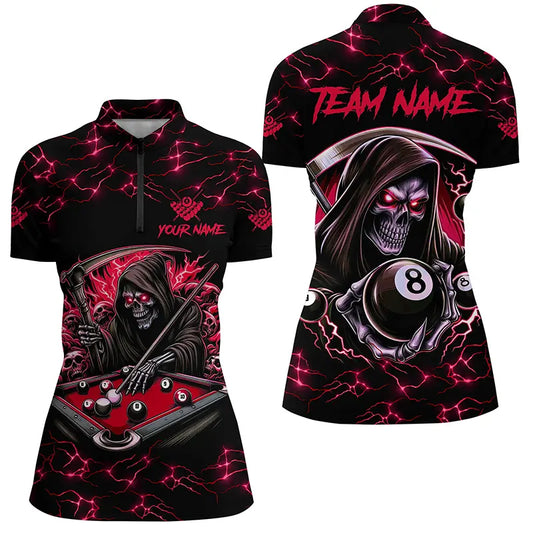 Red Funny Grim Reaper 8 Ball Pool Women Billiard Shirts Custom Name Lightning Billiard Jerseys TDM2159