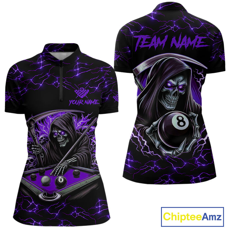 Purple Funny Grim Reaper 8 Ball Pool Women Billiard Shirts Custom Name Lightning Billiard Jerseys TDM2160