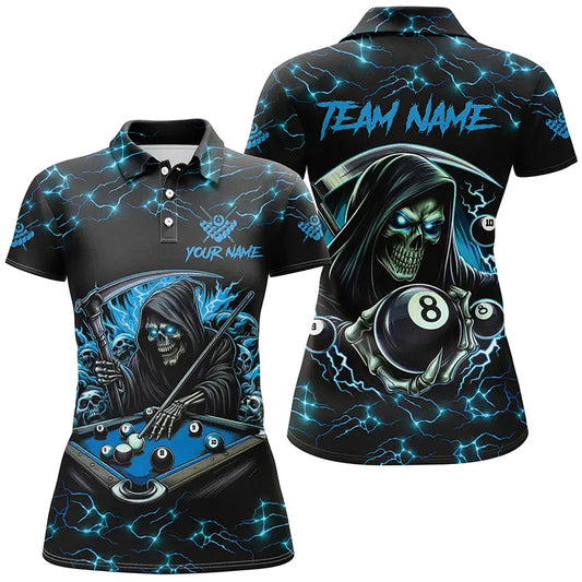 Blue Funny Grim Reaper 8 Ball Pool Women Billiard Shirts Custom Name Lightning Billiard Jerseys TDM2161