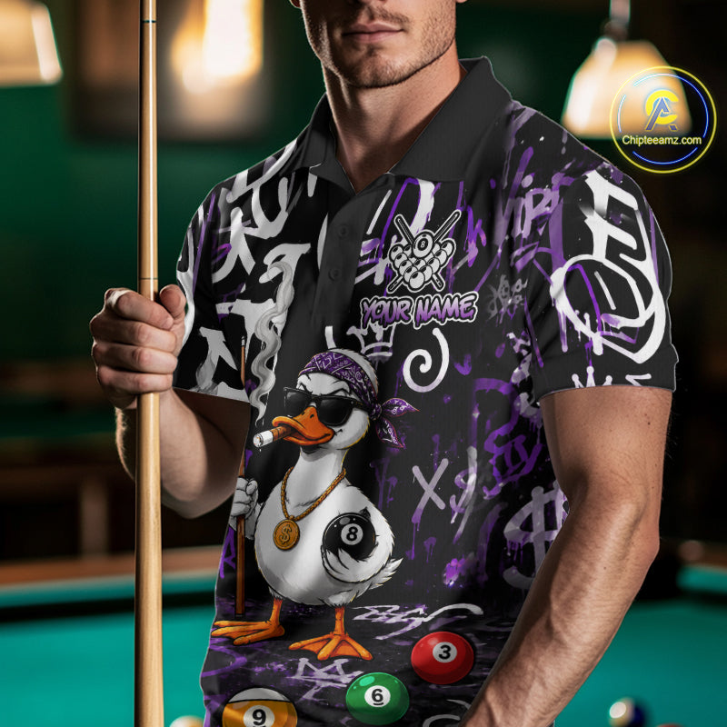 Purple Funny Duck Graffiti 8 Ball Billiard Shirt For Men Custom Pool Team Jersey Polo & 1/4 Zip TDM7151