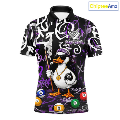 Purple Funny Duck Graffiti 8 Ball Billiard Shirt For Men Custom Pool Team Jersey Polo & 1/4 Zip TDM7151
