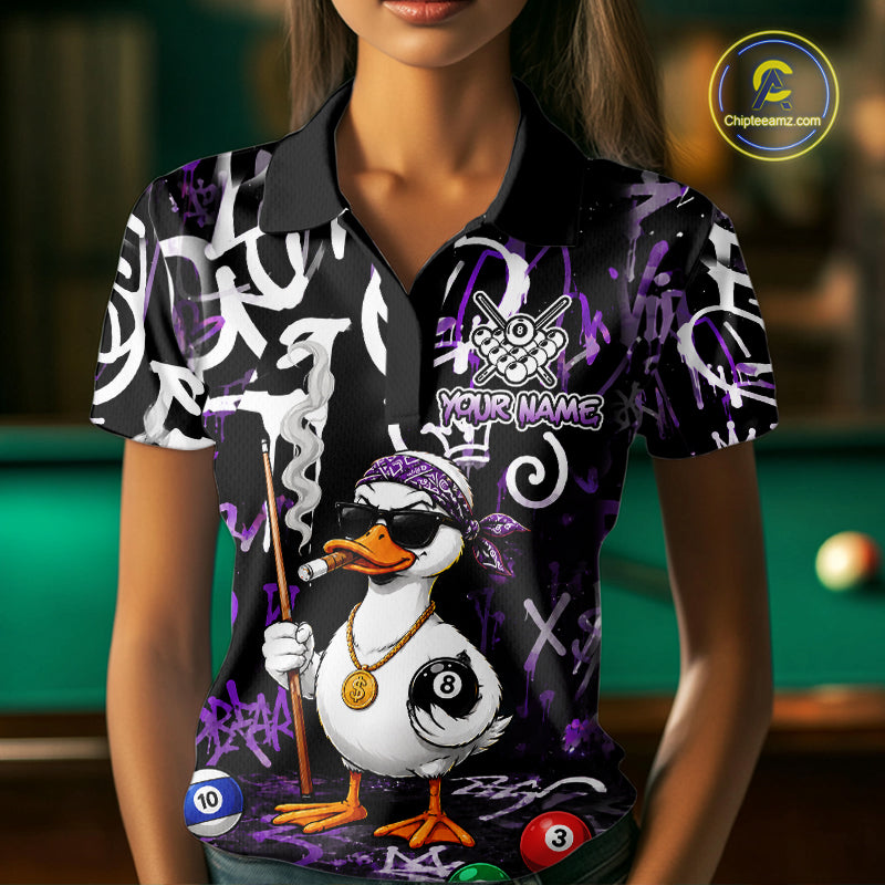 Purple Funny Duck Graffiti 8 Ball Billiard Shirt For Women Custom Pool Team Jersey Polo & 1/4 Zip TDM7151