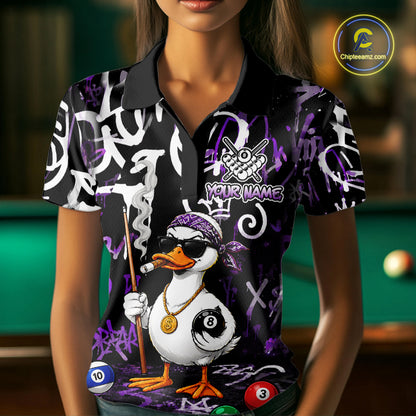 Purple Funny Duck Graffiti 8 Ball Billiard Shirt For Women Custom Pool Team Jersey Polo & 1/4 Zip TDM7151