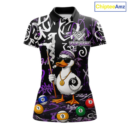 Purple Funny Duck Graffiti 8 Ball Billiard Shirt For Women Custom Pool Team Jersey Polo & 1/4 Zip TDM7151
