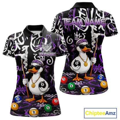 Purple Funny Duck Graffiti 8 Ball Billiard Shirt For Women Custom Pool Team Jersey Polo & 1/4 Zip TDM7151