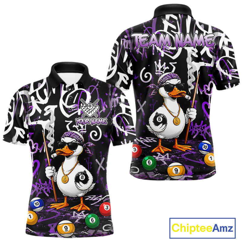 Purple Funny Duck Graffiti 8 Ball Billiard Shirt For Men Custom Pool Team Jersey Polo & 1/4 Zip TDM7151