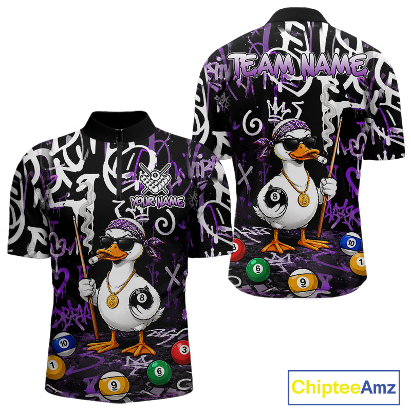 Purple Funny Duck Graffiti 8 Ball Billiard Shirt For Men Custom Pool Team Jersey Polo & 1/4 Zip TDM7151