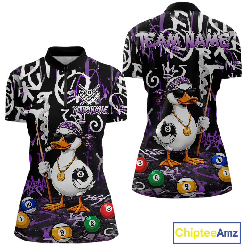 Purple Funny Duck Graffiti 8 Ball Billiard Shirt For Women Custom Pool Team Jersey Polo & 1/4 Zip TDM7151
