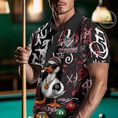 Red Funny Duck Graffiti 8 Ball Billiard Shirt For Men Custom Pool Team Jersey Polo & 1/4 Zip TDM7152