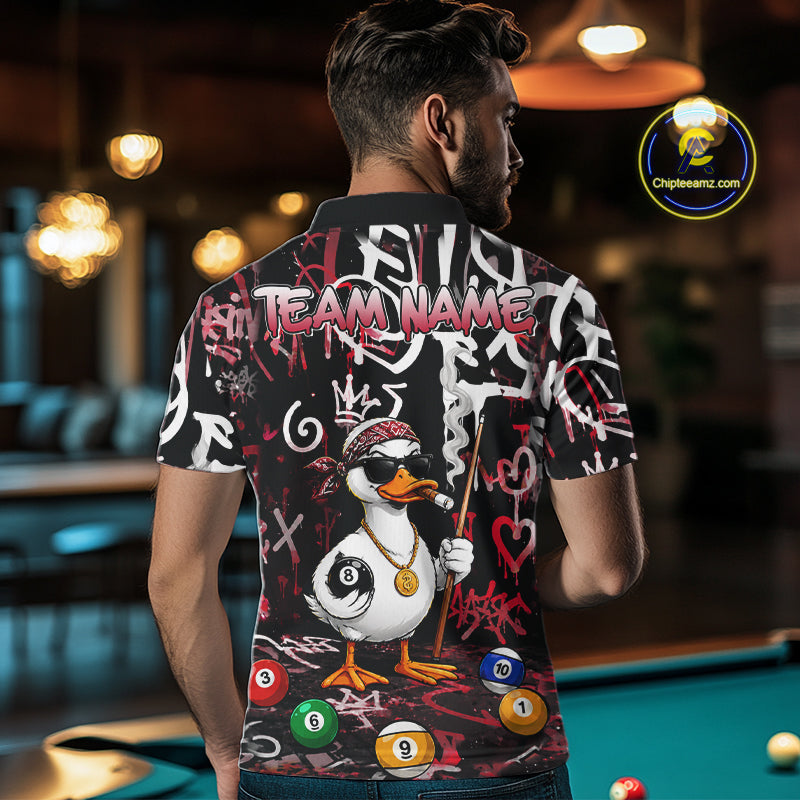 Red Funny Duck Graffiti 8 Ball Billiard Shirt For Men Custom Pool Team Jersey Polo & 1/4 Zip TDM7152