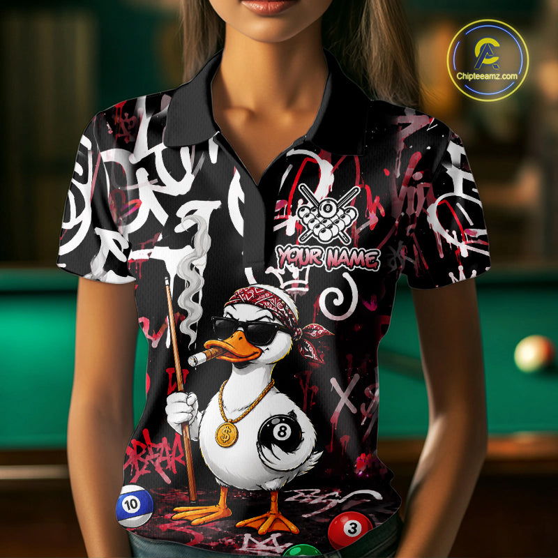 Red Funny Duck Graffiti 8 Ball Billiard Shirt For Women Custom Pool Team Jersey Polo & 1/4 Zip TDM7152