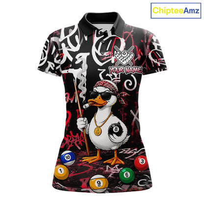 Red Funny Duck Graffiti 8 Ball Billiard Shirt For Women Custom Pool Team Jersey Polo & 1/4 Zip TDM7152