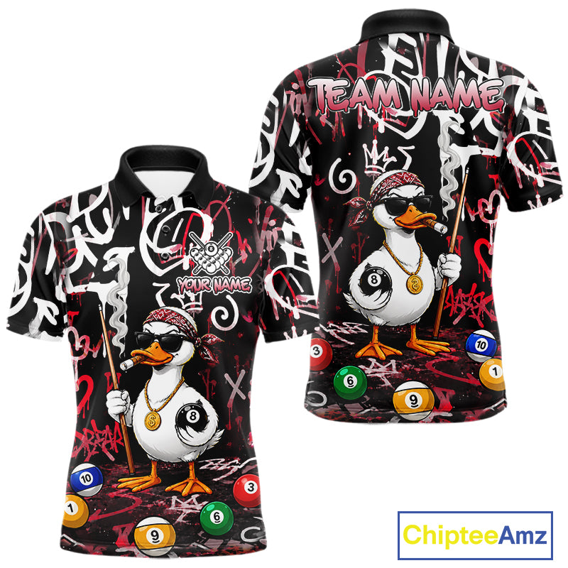 Red Funny Duck Graffiti 8 Ball Billiard Shirt For Men Custom Pool Team Jersey Polo & 1/4 Zip TDM7152