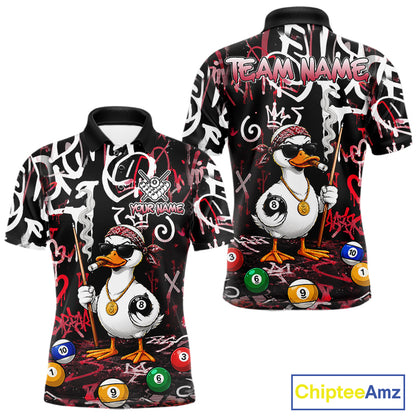 Red Funny Duck Graffiti 8 Ball Billiard Shirt For Men Custom Pool Team Jersey Polo & 1/4 Zip TDM7152