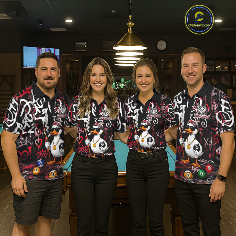 Red Funny Duck Graffiti 8 Ball Billiard Shirt For Women Custom Pool Team Jersey Polo & 1/4 Zip TDM7152