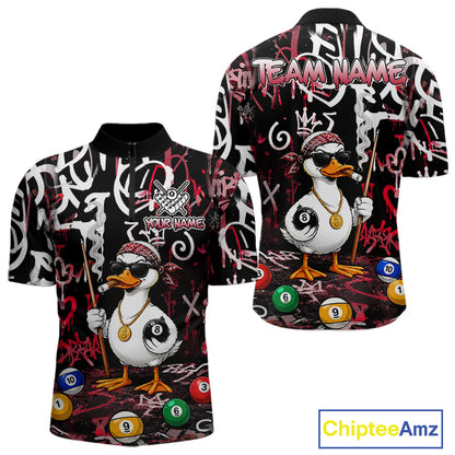Red Funny Duck Graffiti 8 Ball Billiard Shirt For Men Custom Pool Team Jersey Polo & 1/4 Zip TDM7152