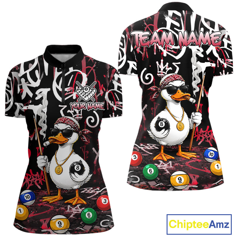 Red Funny Duck Graffiti 8 Ball Billiard Shirt For Women Custom Pool Team Jersey Polo & 1/4 Zip TDM7152