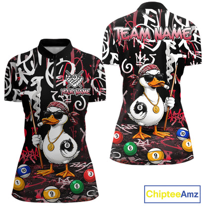 Red Funny Duck Graffiti 8 Ball Billiard Shirt For Women Custom Pool Team Jersey Polo & 1/4 Zip TDM7152