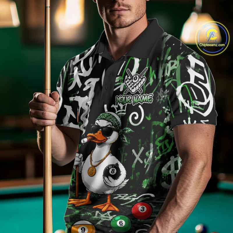 Green Funny Duck Graffiti 8 Ball Billiard Shirt For Men Custom Pool Team Jersey Polo & 1/4 Zip TDM7153