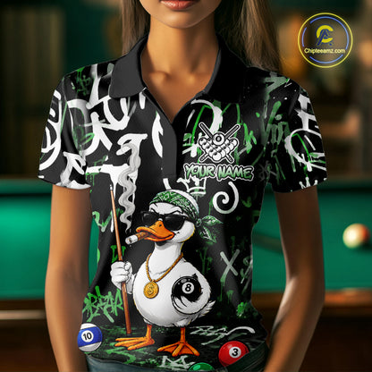 Green Funny Duck Graffiti 8 Ball Billiard Shirt For Women Custom Pool Team Jersey Polo & 1/4 Zip TDM7153