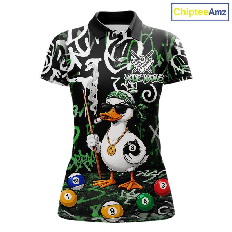 Green Funny Duck Graffiti 8 Ball Billiard Shirt For Women Custom Pool Team Jersey Polo & 1/4 Zip TDM7153