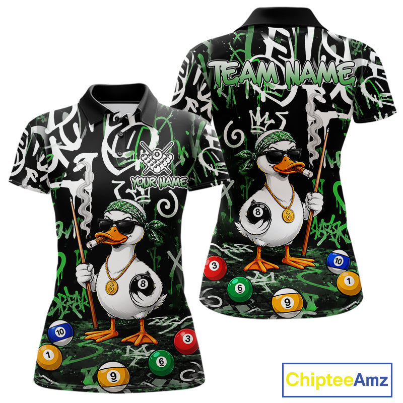 Green Funny Duck Graffiti 8 Ball Billiard Shirt For Women Custom Pool Team Jersey Polo & 1/4 Zip TDM7153