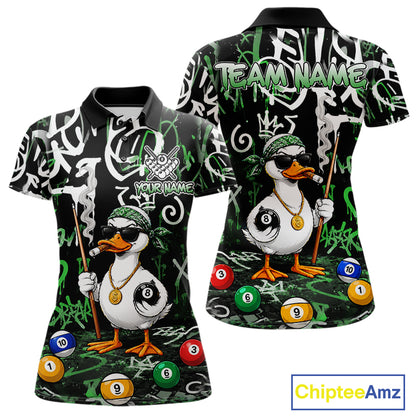 Green Funny Duck Graffiti 8 Ball Billiard Shirt For Women Custom Pool Team Jersey Polo & 1/4 Zip TDM7153