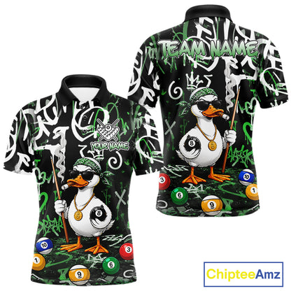 Green Funny Duck Graffiti 8 Ball Billiard Shirt For Men Custom Pool Team Jersey Polo & 1/4 Zip TDM7153